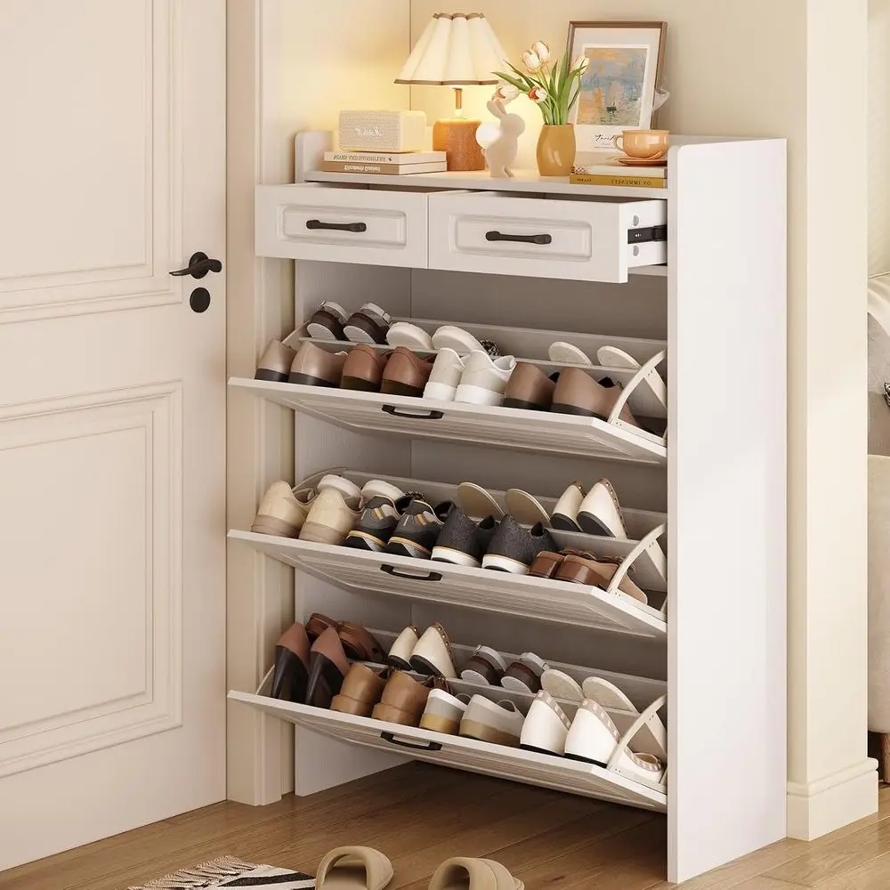 Narrow 3-Tier Shoe Storage Cabinet with 2 Top Drawers, White - Ideal for Entryway, Hallway, Living Room
Narrow 3-Tier Shoe Storage Cabinet with 2 Top Drawers, White - Ideal for Entryway, Hallway, Living Room