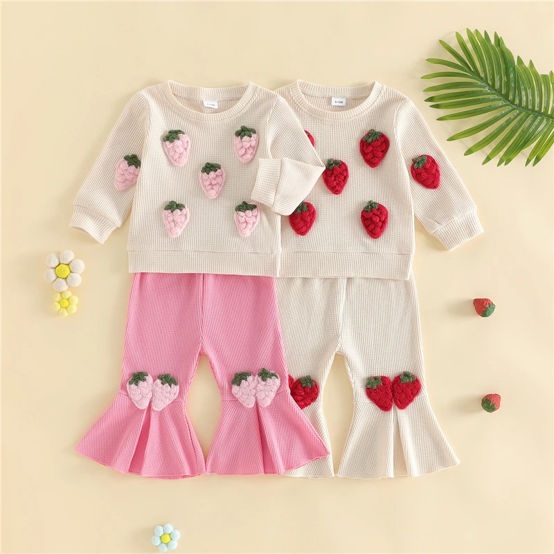 Toddler Girl Fall Outfits Strawberry Embellished Crew Neck Long Sleeve Waffle Sweatshirts Flare Pants 2Pcs Clothes Set
Toddler Girl Fall Outfits Strawberry Embellished Crew Neck Long Sleeve Waffle Sweatshirts Flare Pants 2Pcs Clothes Set
