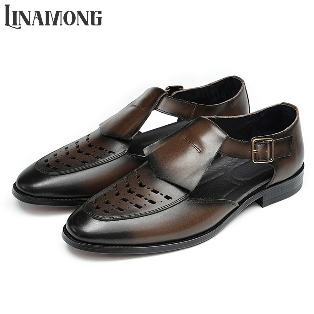 Closed Toe Hollow Leather Sandals Men's Vintage Style Leather Business Sandals Black Brown Genuine Leather Buckle Summer Sandals
Closed Toe Hollow Leather Sandals Men's Vintage Style Leather Business Sandals Black Brown Genuine Leather Buckle Summer Sandals