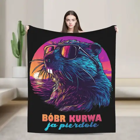 Warm Soft Blanket Synthwave Polish Beaver Meme Ja pierdole Bobr Bober Kurwa Throw Blanket Flannel Bedspread For Couch Bed Cover