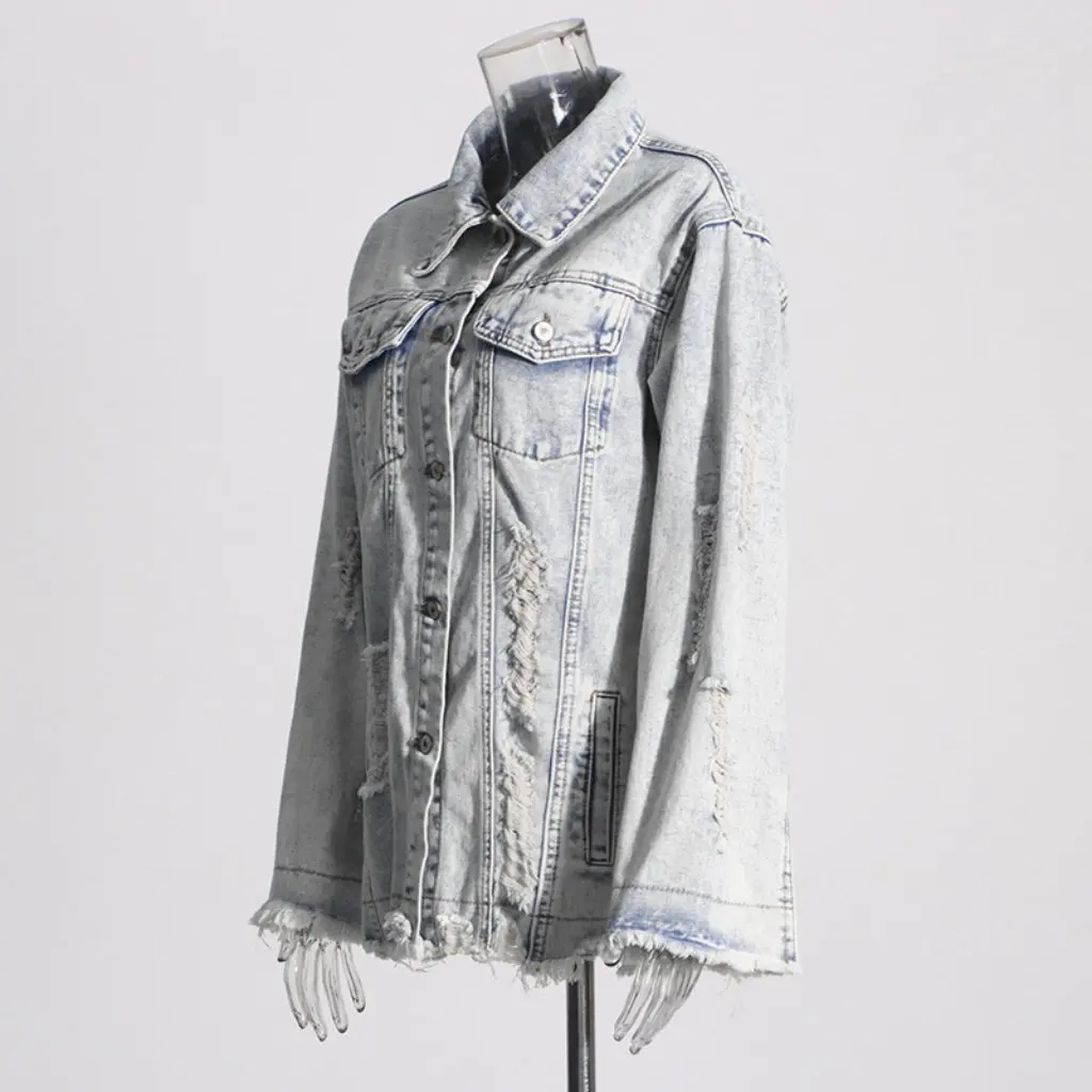 Women's European And American Fashion Denim Jacket Turn-Down Collar Long-Sleeve Vintage Ripped Washed Irregular Style for Summer
Women's European And American Fashion Denim Jacket Turn-Down Collar Long-Sleeve Vintage Ripped Washed Irregular Style for Summer