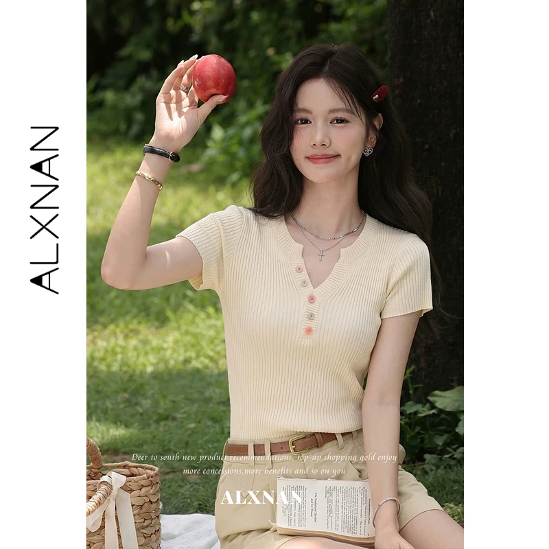 ALXNAN Women's Knit T-shirt 2026 Summer Apricot V-neck Slim-fit Short Sleeve Tees Casual Elegant Basic Tops Female L65758A
ALXNAN Women's Knit T-shirt 2026 Summer Apricot V-neck Slim-fit Short Sleeve Tees Casual Elegant Basic Tops Female L65758A