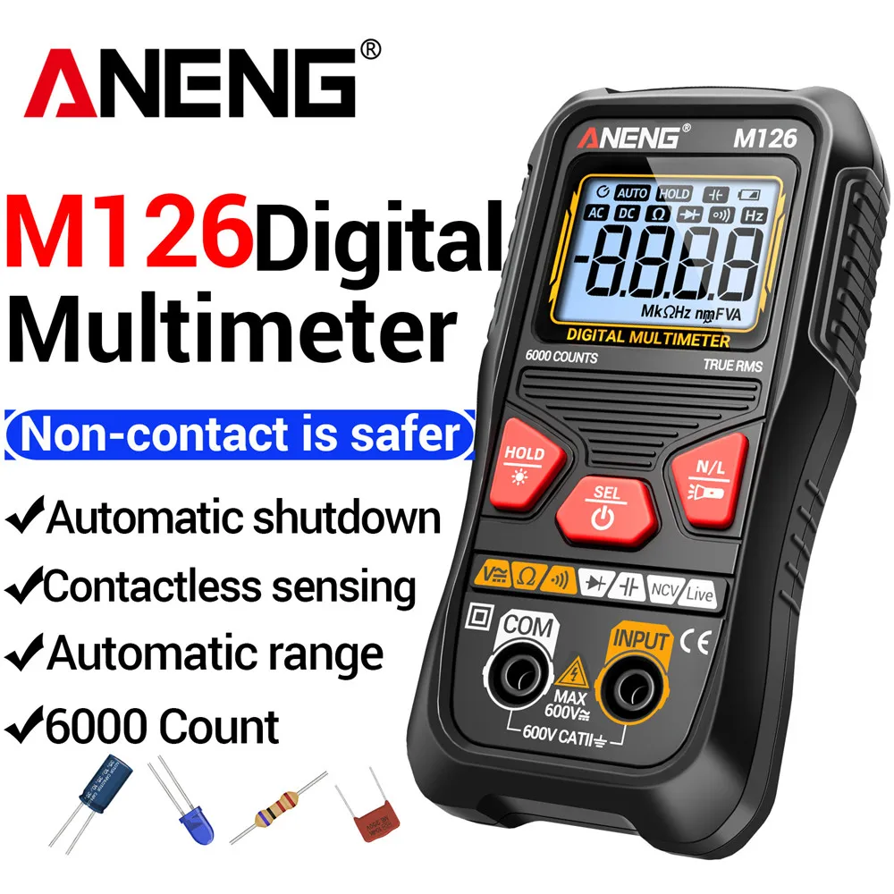 Умный мультиметр ANENG M126, 6000 измерений, высокая точность, измерение напряжения AC/DC, бесконтактное измерение NCV, функция сохранения данных, тестирование.
Умный мультиметр ANENG M126, 6000 измерений, высокая точность, измерение напряжения AC/DC, бесконтактное измерение NCV, функция сохранения данных, тестирование.