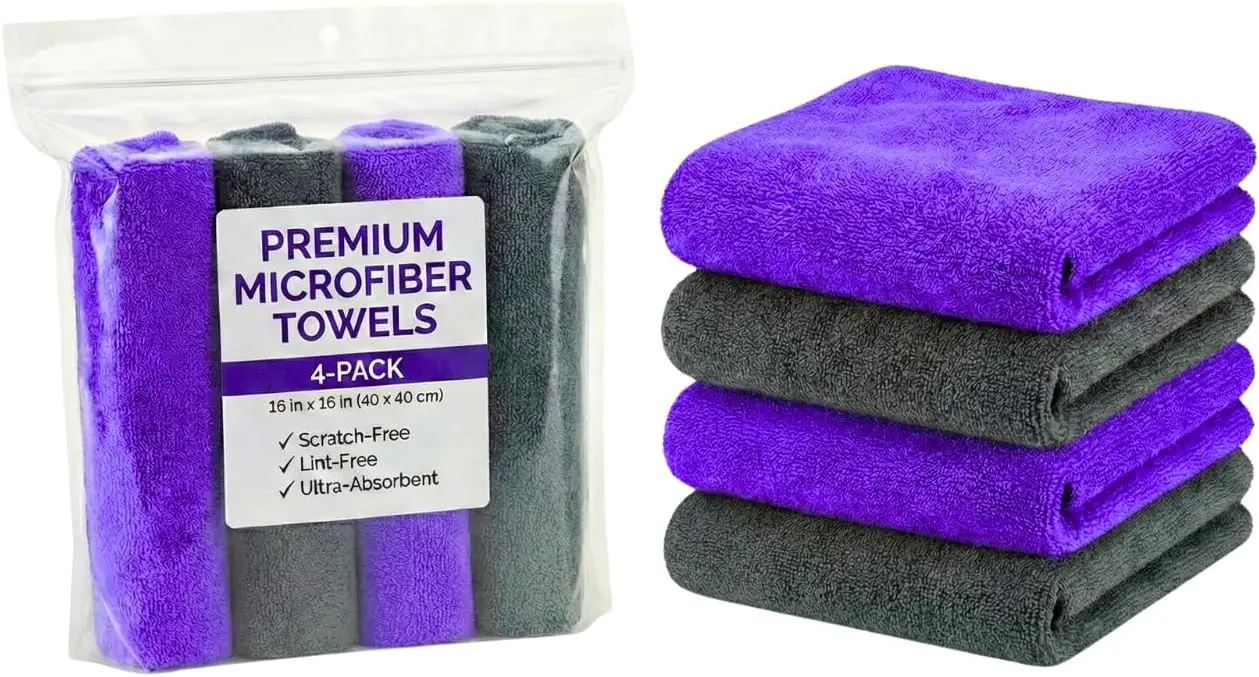 4-Pack Edgeless Microfiber Towels for Car Detailing, Lint-Free Auto Rags, Purple & Grey
4-Pack Edgeless Microfiber Towels for Car Detailing, Lint-Free Auto Rags, Purple & Grey