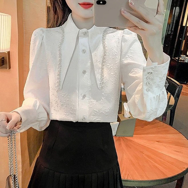 French Light Luxury Beaded Shirt for woman Office Lady Chic Shirts Fashion Doll Collar Bubble Long Sleeve White Shirt Top New
French Light Luxury Beaded Shirt for woman Office Lady Chic Shirts Fashion Doll Collar Bubble Long Sleeve White Shirt Top New