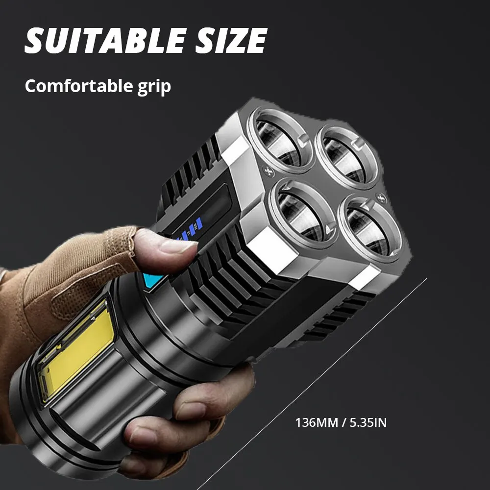 High Power LED Flashlights Camping Torch With 4 Lamp Beads And COB Side Light Rechargeable Portable Hand Lantern 4 Lighting Mode
High Power LED Flashlights Camping Torch With 4 Lamp Beads And COB Side Light Rechargeable Portable Hand Lantern 4 Lighting Mode
