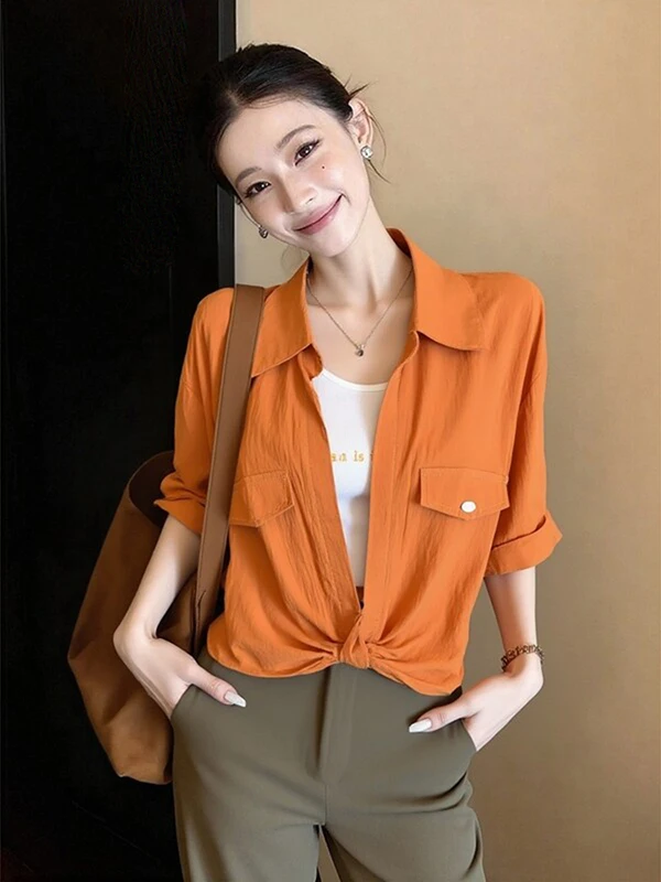 Dopamine Orange V-neck Short Sleeve Women's Shirt Regular Fit Commute Style Summer New plus Size Asymmetrical Top
Dopamine Orange V-neck Short Sleeve Women's Shirt Regular Fit Commute Style Summer New plus Size Asymmetrical Top