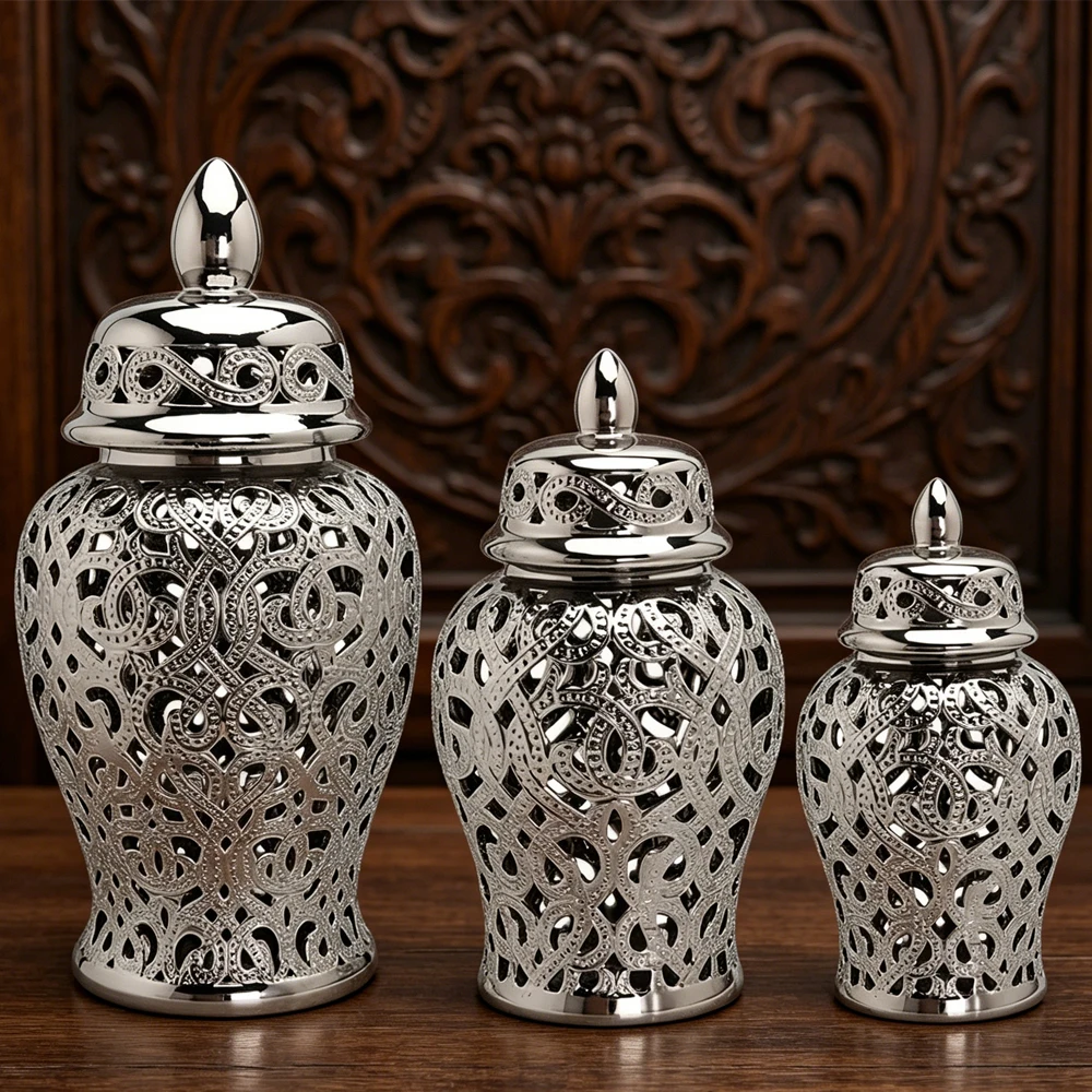 Silver Hollow Ceramic Ginger Jar with Lid Decoration Storage Jar Living Room Decoration Storage Container Home Decoration
Silver Hollow Ceramic Ginger Jar with Lid Decoration Storage Jar Living Room Decoration Storage Container Home Decoration