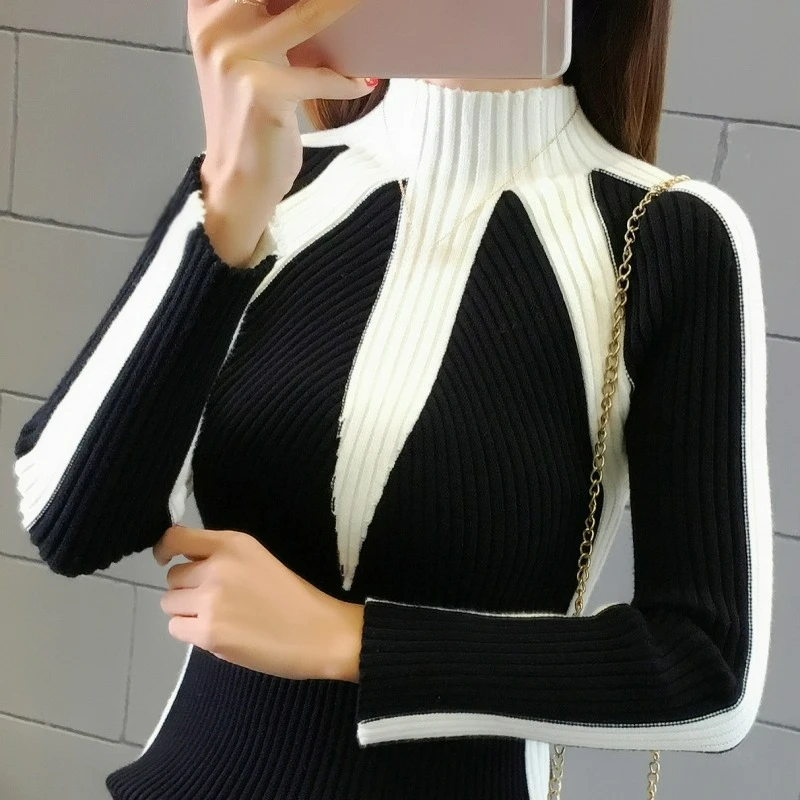 Autumn Winter High Neck Short Sweaters for Women Color Blocked Slim Fit Long Sleeves Tight Fitting Base Knitted Sweater Pullover
Autumn Winter High Neck Short Sweaters for Women Color Blocked Slim Fit Long Sleeves Tight Fitting Base Knitted Sweater Pullover