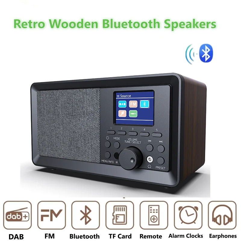 LED Screen Display DAB Full Band Radios Multi-function Wireless Mini SoundBoxs Retro Wooden Bluetooth Speakers with Alarm Clocks