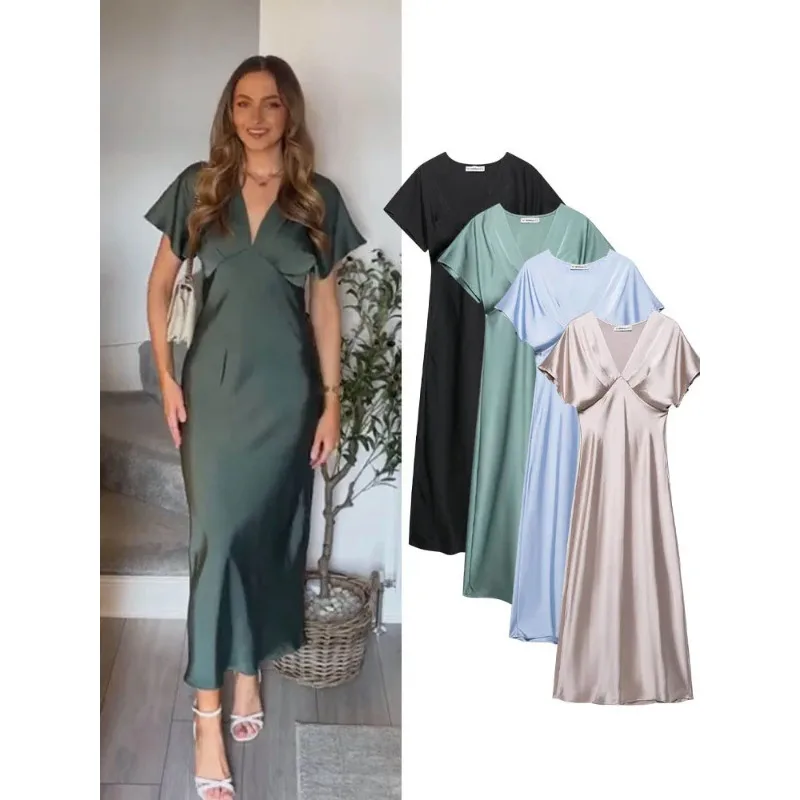 Summer Elegant Pajama Style Midi Dresses For Women Short Sleeves Pleated Silk Satin Texture Vintage Solid V-neck Dress
Summer Elegant Pajama Style Midi Dresses For Women Short Sleeves Pleated Silk Satin Texture Vintage Solid V-neck Dress
