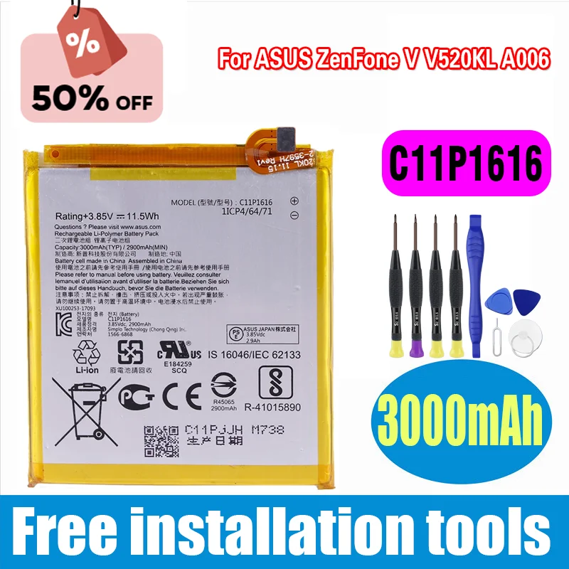 Совершенно новый аккумулятор C11P1616 3000 мАч для ASUS ZenFone V520KL A006, сменный аккумулятор + инструменты
Совершенно новый аккумулятор C11P1616 3000 мАч для ASUS ZenFone V520KL A006, сменный аккумулятор + инструменты