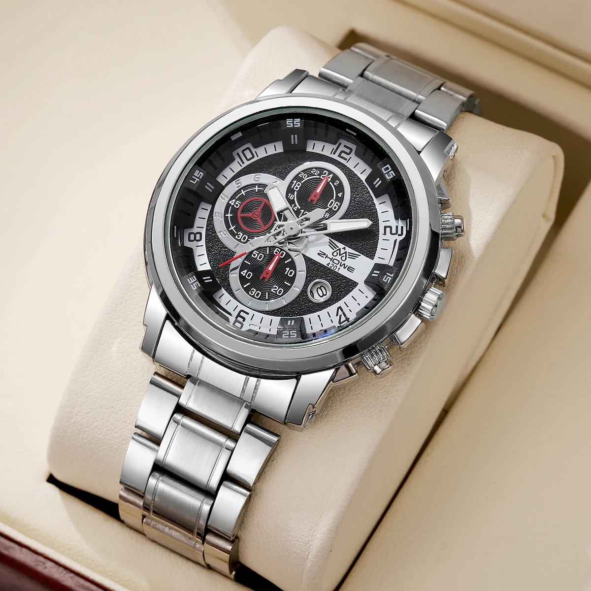 Трансграничная внешняя торговля, новые модные деловые мужские кварцевые часы из легированной стали с серебряной шкалой календаря и тремя глазами в наличии
Трансграничная внешняя торговля, новые модные деловые мужские кварцевые часы из легированной стали с серебряной шкалой календаря и тремя глазами в наличии