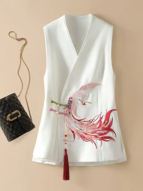 2025 Phoenix Embroidery Chinese Style Blazer Vest Women Jacket V Neck Cardigan White Sleeveless Vest Casual Waistcoat Spring
2025 Phoenix Embroidery Chinese Style Blazer Vest Women Jacket V Neck Cardigan White Sleeveless Vest Casual Waistcoat Spring