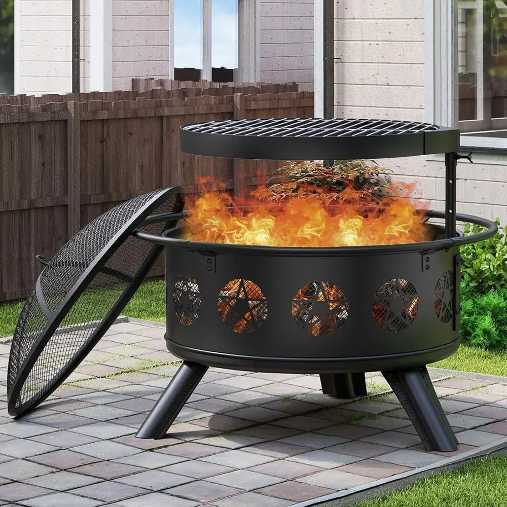 32 Inch ire Pit with BBQ Grill & Mesh Cover, Wood Burning ire Pits or Outside with ire Poker, PentagHollow Design, Round Metal O
32 Inch ire Pit with BBQ Grill & Mesh Cover, Wood Burning ire Pits or Outside with ire Poker, PentagHollow Design, Round Metal O