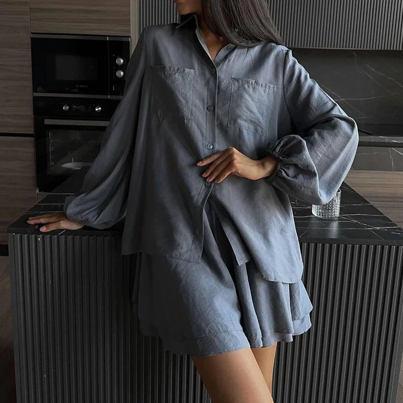 Spring Summer Solid Color Commute 2 Piece Casual Lantern Long Sleeve Lapel Shirt&Shorts Suits Elegant Loose Streetwear For Women
Spring Summer Solid Color Commute 2 Piece Casual Lantern Long Sleeve Lapel Shirt&Shorts Suits Elegant Loose Streetwear For Women