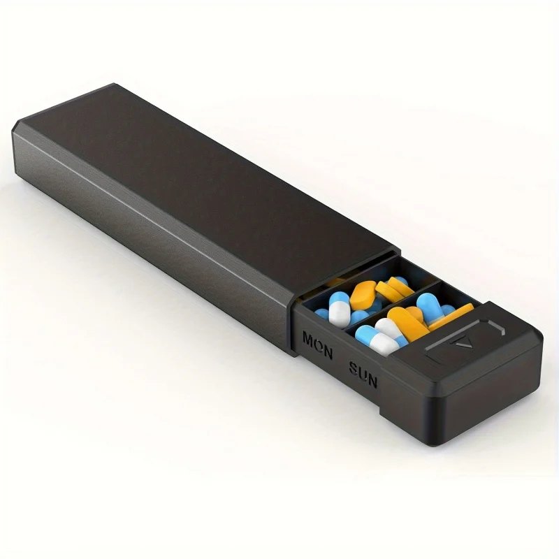 Magnetic aluminum alloy pill box, holds a week's supply of medication, portable 7-compartment pill container
Magnetic aluminum alloy pill box, holds a week's supply of medication, portable 7-compartment pill container