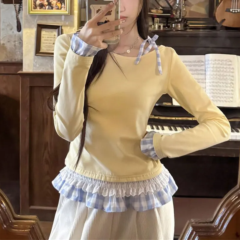Sweet Drawstring Bow Pullovers Female Clothing Plaid Spliced Lace Spring Autumn Slim Slash Neck Korean Long-sleeved T-shirts New
Sweet Drawstring Bow Pullovers Female Clothing Plaid Spliced Lace Spring Autumn Slim Slash Neck Korean Long-sleeved T-shirts New