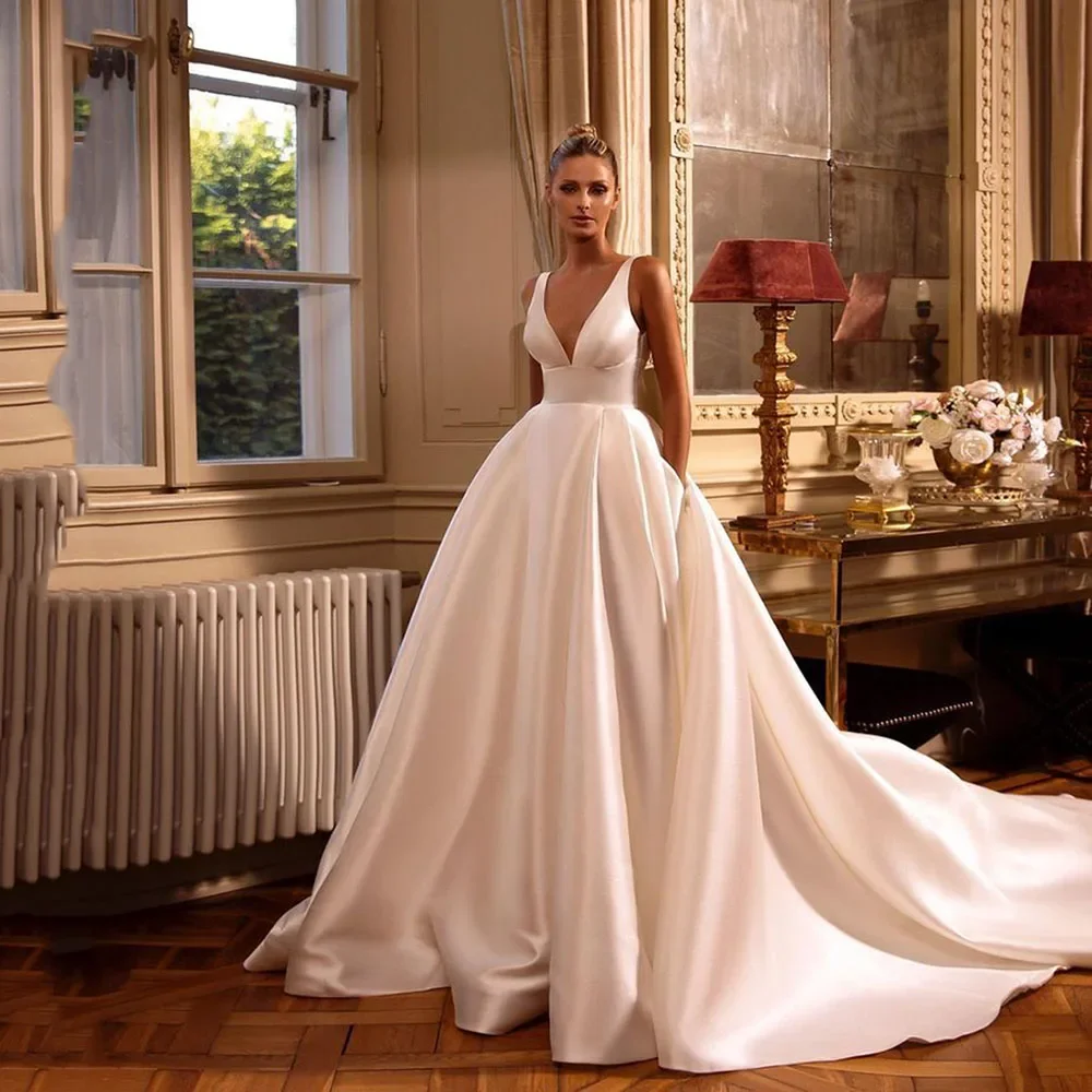 Flavinke Elegant A Line Women Wedding Dresses V Neck With Pockets Bridal Dress Backless Satin Wedding Gowns vestidos de novia
Flavinke Elegant A Line Women Wedding Dresses V Neck With Pockets Bridal Dress Backless Satin Wedding Gowns vestidos de novia