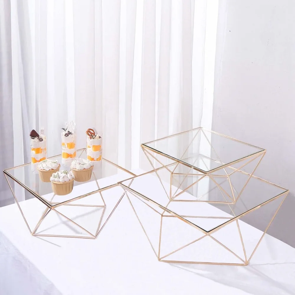 Set of 3 Metal Geometric Gold Cake Riser with Glass Top Glossy Metallic Finish, Cake Stand
Set of 3 Metal Geometric Gold Cake Riser with Glass Top Glossy Metallic Finish, Cake Stand