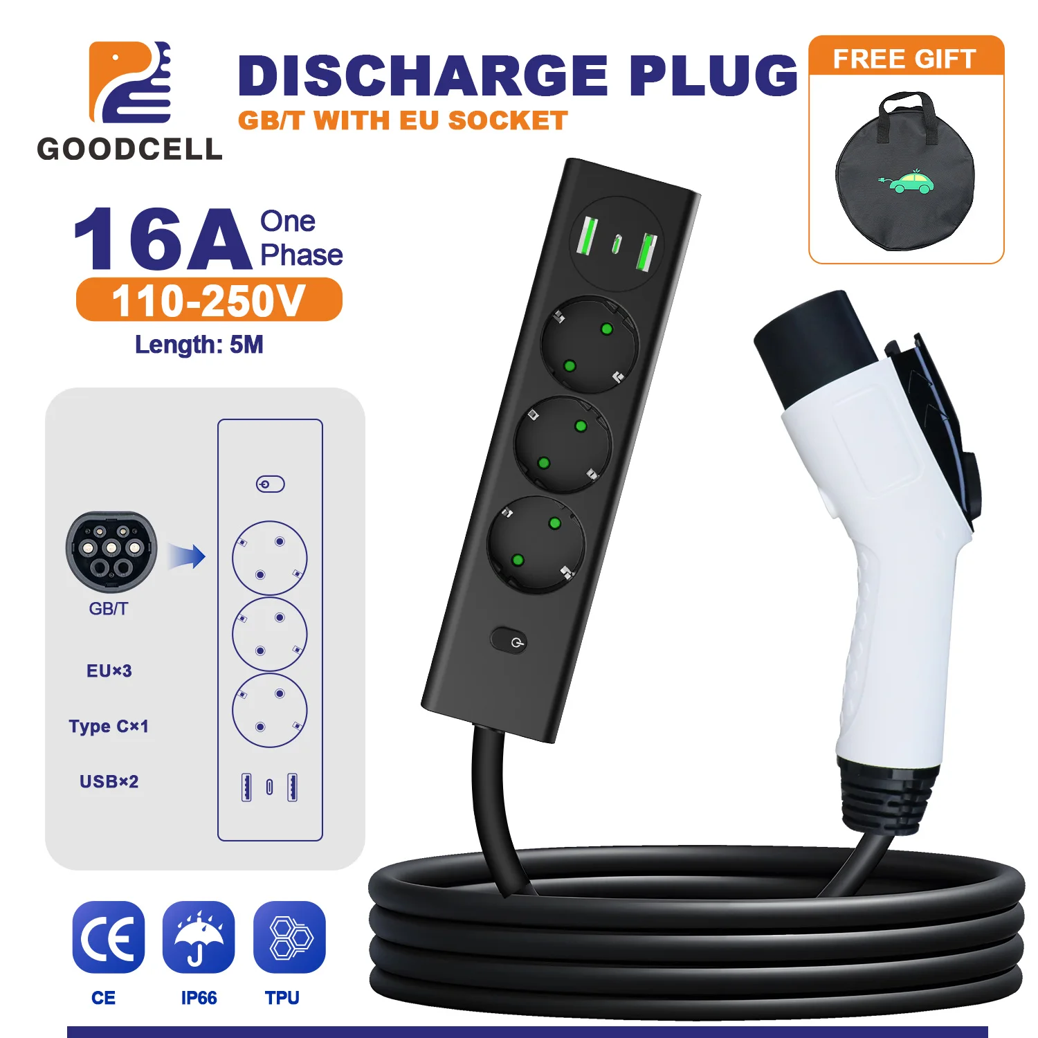 GOODCELL 16A Discharger Plug: 110V-250V Wide Voltage, 5m Total Length, GBT Plug, EU Type C USB and IP66 Waterproof
GOODCELL 16A Discharger Plug: 110V-250V Wide Voltage, 5m Total Length, GBT Plug, EU Type C USB and IP66 Waterproof