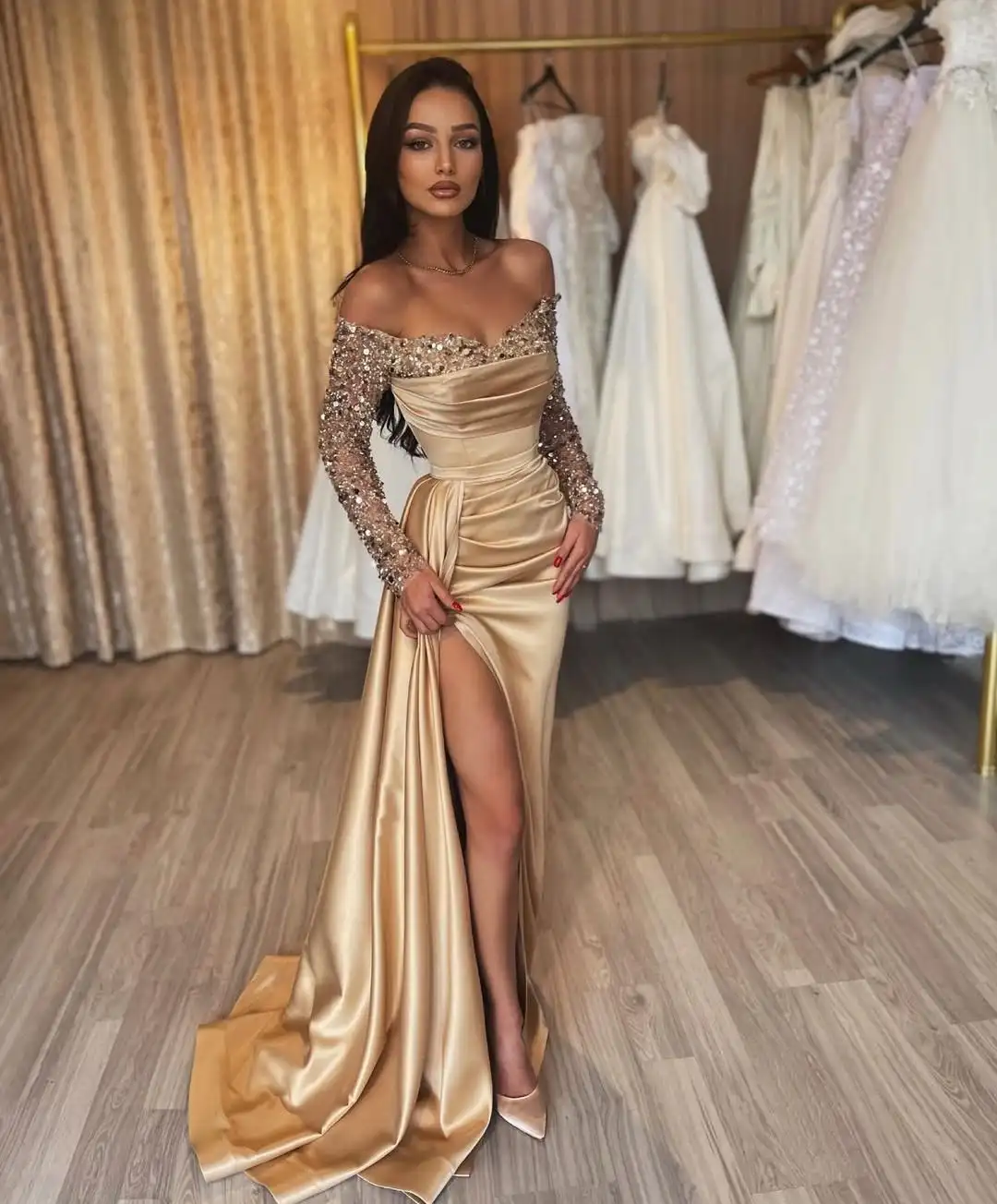 Customized Exquisite Satin Straight Off The Shoulder Sequined Evening Dresses Strapless Long Sleeves Panel Train Prom
Customized Exquisite Satin Straight Off The Shoulder Sequined Evening Dresses Strapless Long Sleeves Panel Train Prom