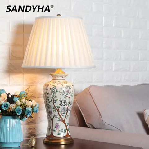 SANDYHA 中国古典セラミックテーブルランプ寝室研究夜の照明家の装飾ロマンチックな暖かいベッドサイド Led デスクライト