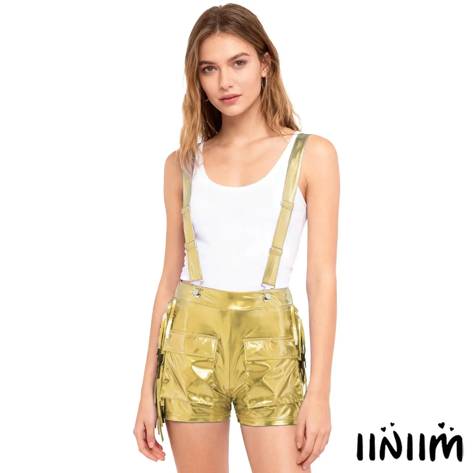 Womens Edgy Metallic Shorts with Adjustable Suspenders And Side Fringe Design Functional Two Pocket Shorts for Bold Fashion
Womens Edgy Metallic Shorts with Adjustable Suspenders And Side Fringe Design Functional Two Pocket Shorts for Bold Fashion