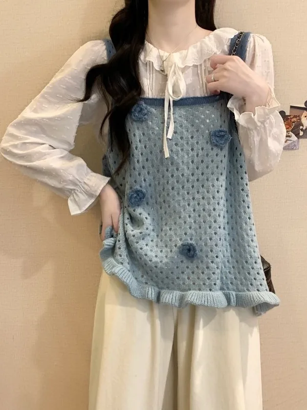 Sweet Style plus Size Knitted Vest with Flower Strap Elegant Inner Shirt Casual High Waist Long Sleeve round Neck Fashion Set
Sweet Style plus Size Knitted Vest with Flower Strap Elegant Inner Shirt Casual High Waist Long Sleeve round Neck Fashion Set