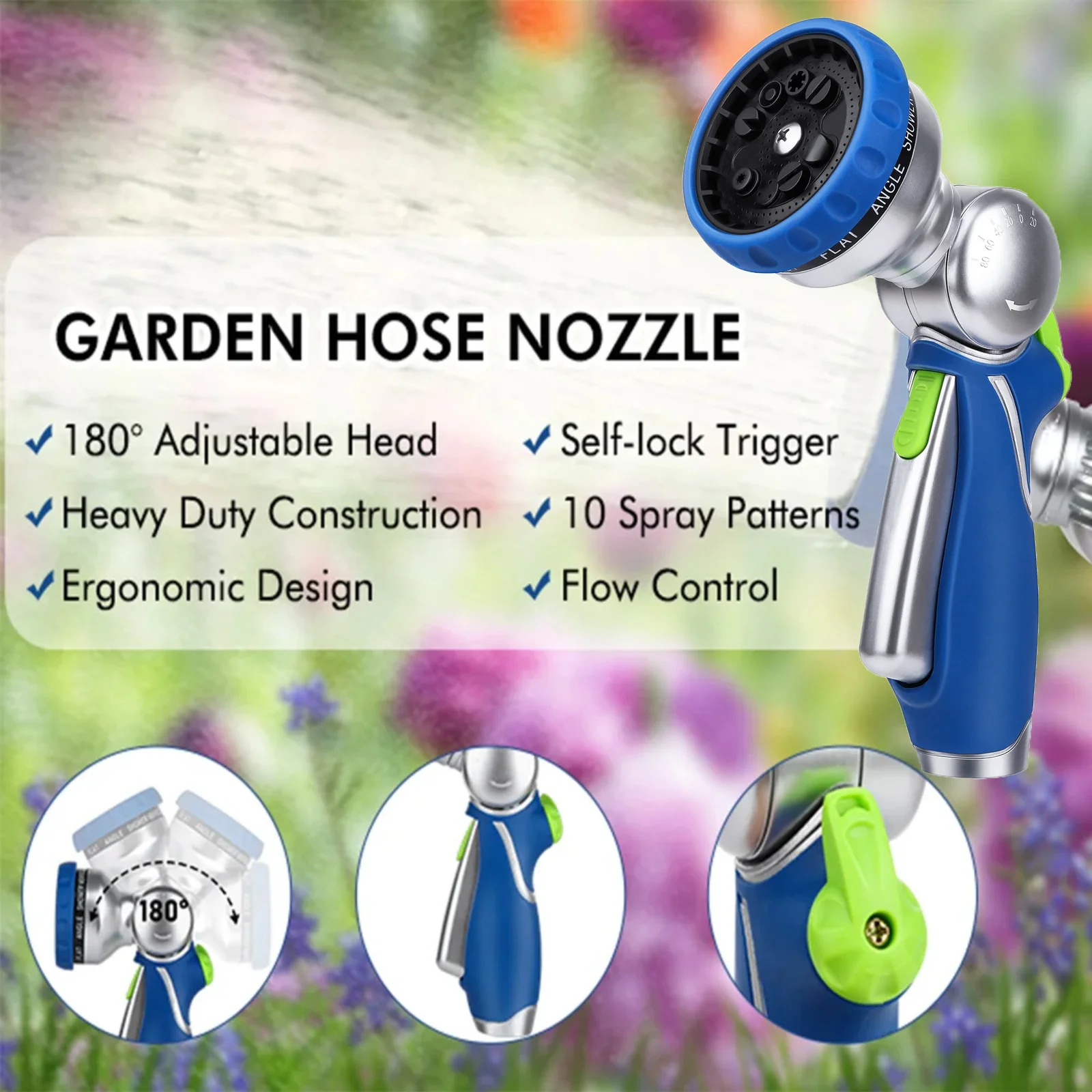 High Pressure Hose Sprayer Garden Hose Nozzle With 180° Adjustable Swivel Head 10 Spray Pattern for Lawn & Garden Watering
High Pressure Hose Sprayer Garden Hose Nozzle With 180° Adjustable Swivel Head 10 Spray Pattern for Lawn & Garden Watering