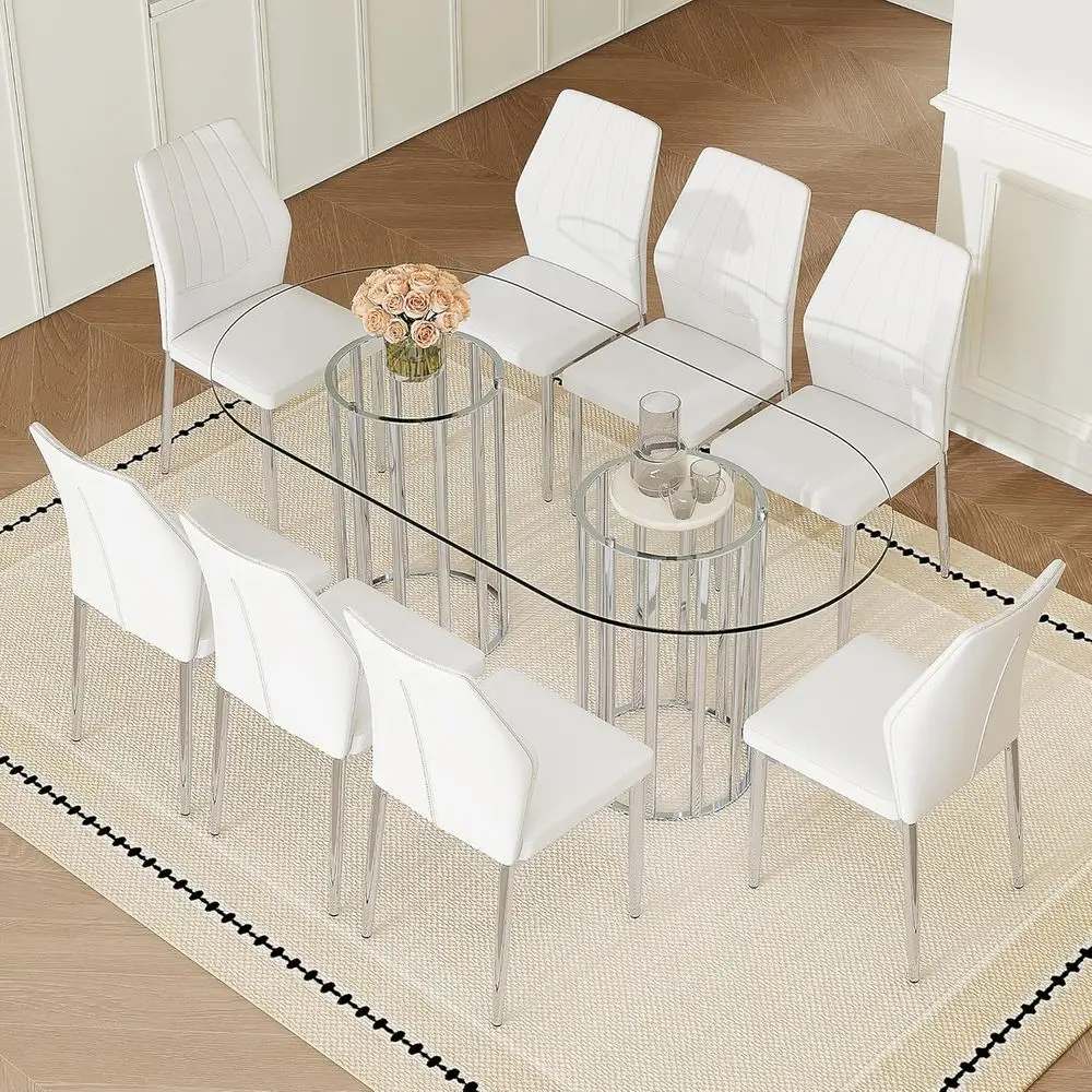 8-Seat Oval Glass Dining Table with 8 PU Chairs, Silver Metal Legs, Tempered Glass Top, Silver & White Living Room Set
8-Seat Oval Glass Dining Table with 8 PU Chairs, Silver Metal Legs, Tempered Glass Top, Silver & White Living Room Set