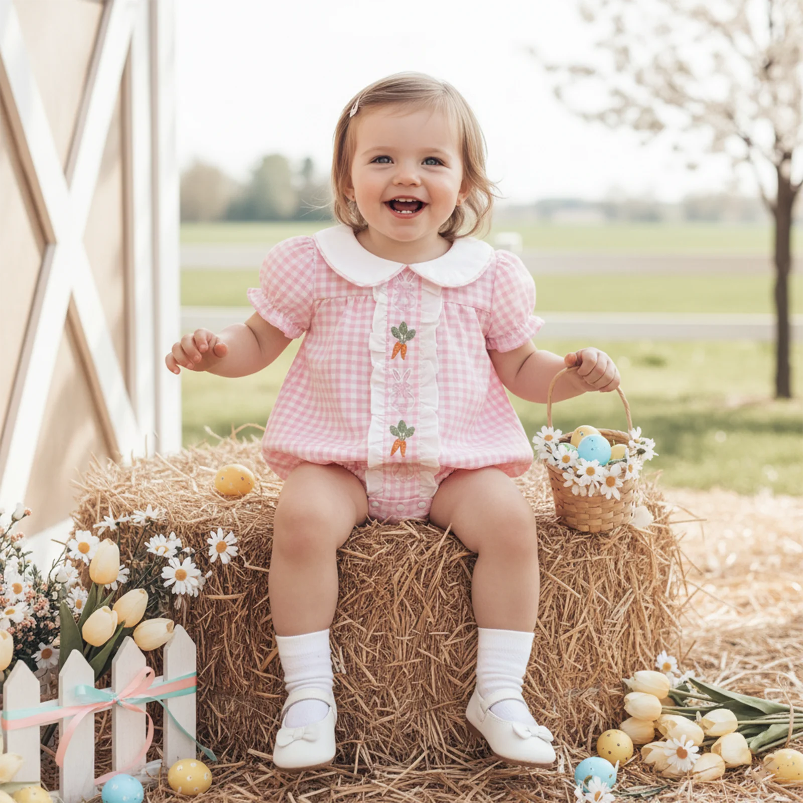 Пасхальный комбинезон для новорожденных девочек, милый клетчатый комбинезон с короткими рукавами и вышивкой морковного кролика, кукольный воротник с рюшами
Пасхальный комбинезон для новорожденных девочек, милый клетчатый комбинезон с короткими рукавами и вышивкой морковного кролика, кукольный воротник с рюшами