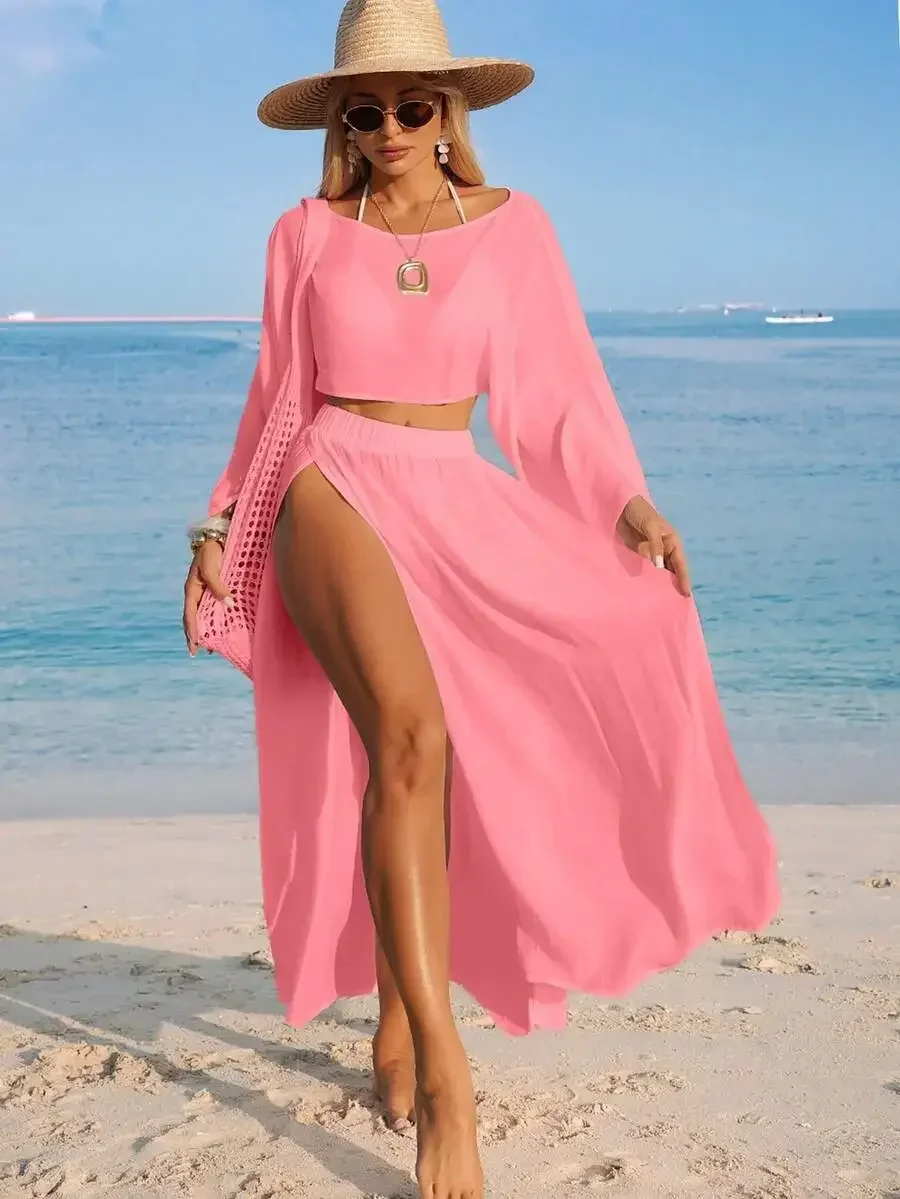 Women Pink Long Sleeve Split High Slit Beach Cover Up Two Piece Set
Women Pink Long Sleeve Split High Slit Beach Cover Up Two Piece Set