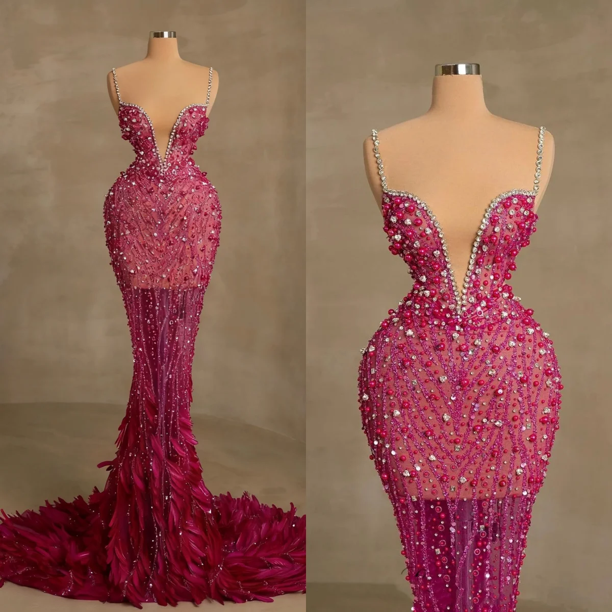 Gorgeous Beaded Sequined Prom Dresses Elegant V Neck Feather Evening Dress Sleeveless Sweep Train Party Gown Customized
Gorgeous Beaded Sequined Prom Dresses Elegant V Neck Feather Evening Dress Sleeveless Sweep Train Party Gown Customized