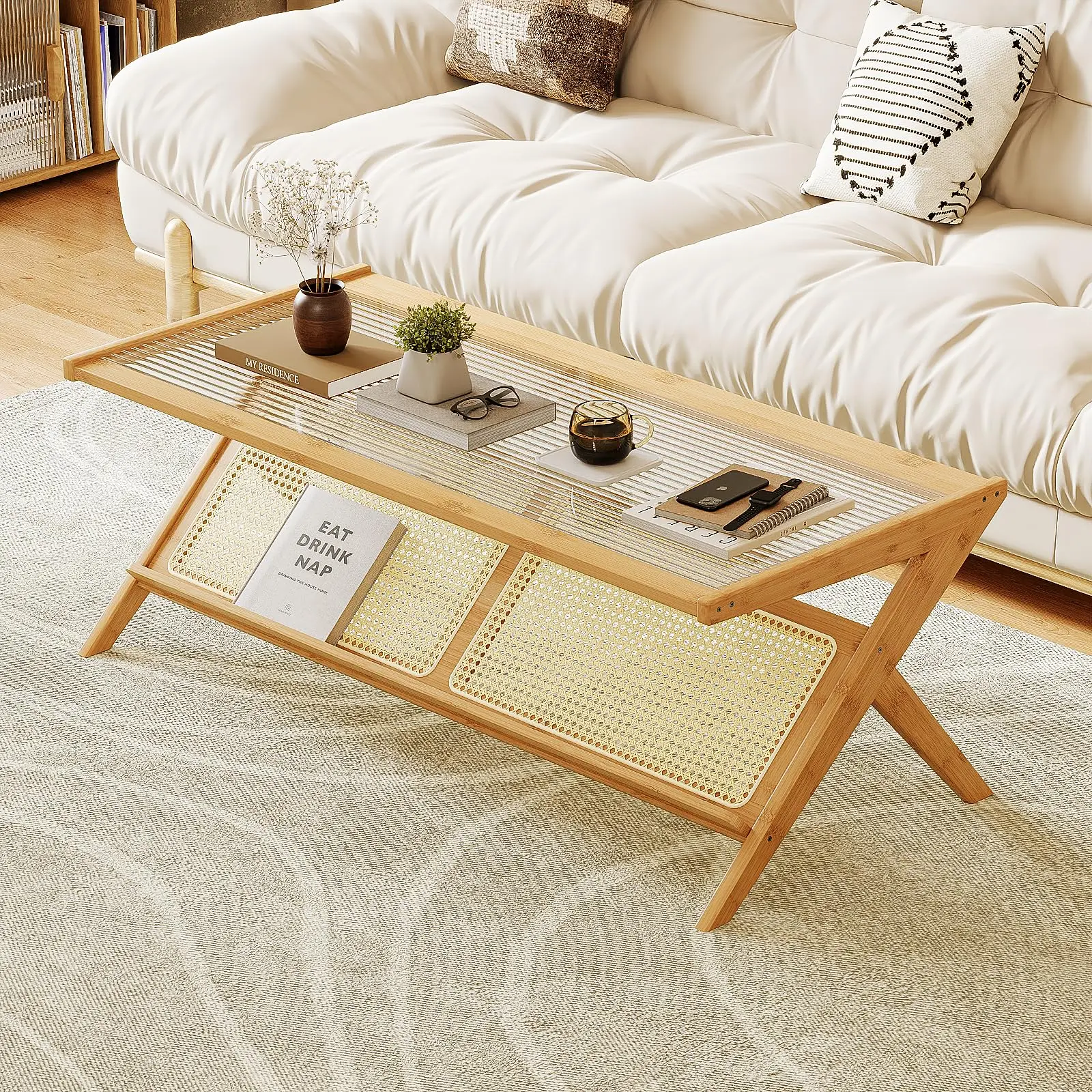 !@Combohome Mid-Century Bamboo Coffee Table With Rattan Modern Bamboo End Table with Glass Top for Living Room Office
!@Combohome Mid-Century Bamboo Coffee Table With Rattan Modern Bamboo End Table with Glass Top for Living Room Office