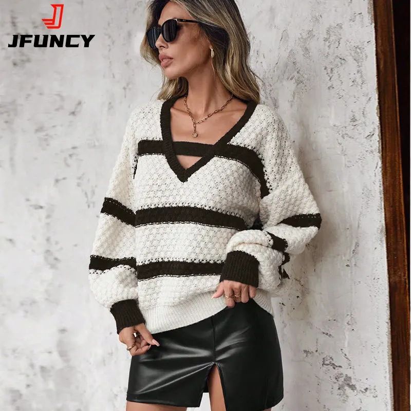 2025 Autumn Women Sweater Striped Knitted Pullover Sweaters V-neck Long Sleeve Casual Loose Lady Tops
2025 Autumn Women Sweater Striped Knitted Pullover Sweaters V-neck Long Sleeve Casual Loose Lady Tops