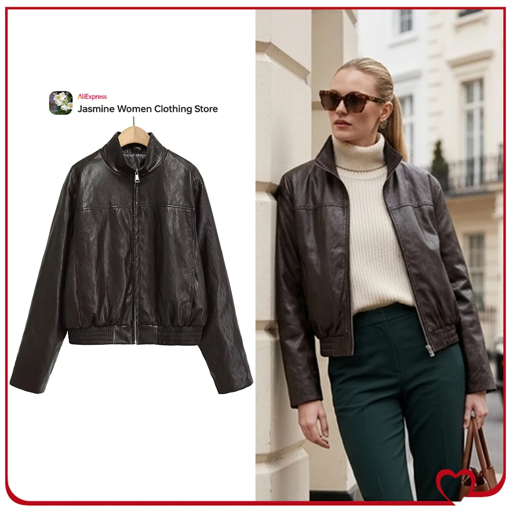 High Street Vintage Cropped Faux Leather Bomber Jackets for Women New Classic High Neck Long Sleeve Zippered Jacket with Pockets
High Street Vintage Cropped Faux Leather Bomber Jackets for Women New Classic High Neck Long Sleeve Zippered Jacket with Pockets