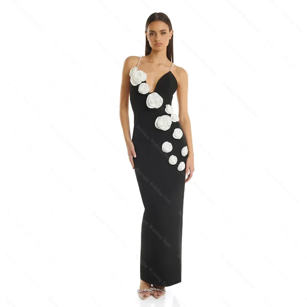 Black 3D Flowers Evening Dresses V-Neck Pearls Spaghetti Straps Party Gowns Fashion Ankle Length Elegant Women Prom Dresses
Black 3D Flowers Evening Dresses V-Neck Pearls Spaghetti Straps Party Gowns Fashion Ankle Length Elegant Women Prom Dresses