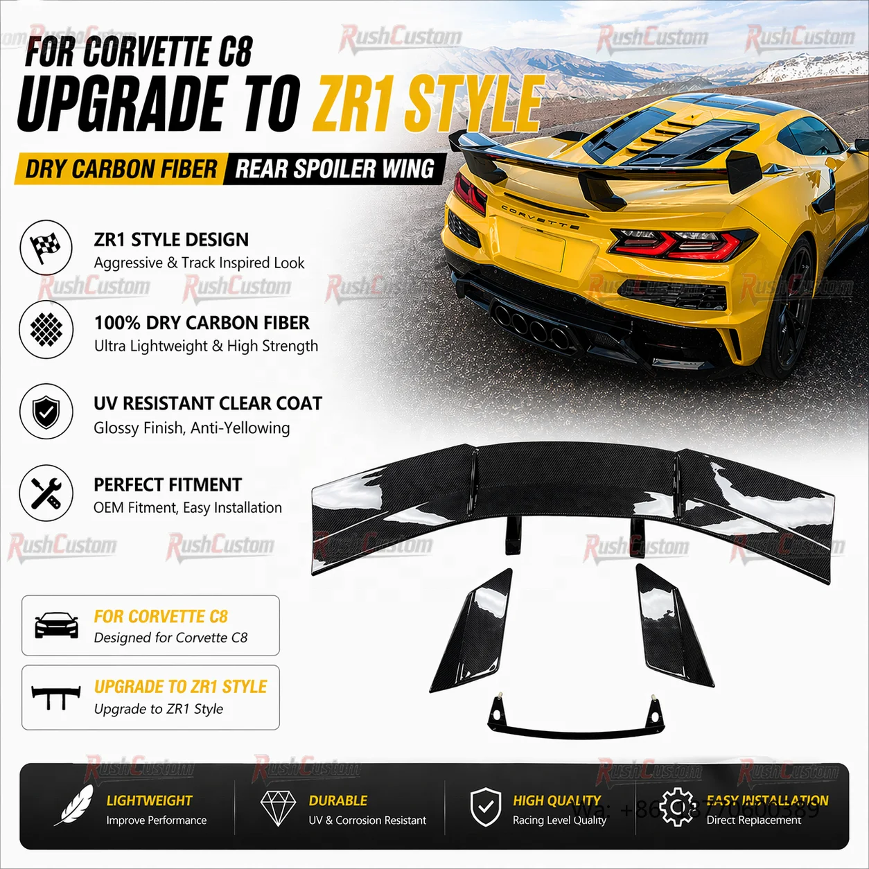 ZR1 Style Dry Carbon Fiber Rear Spoiler for Chevrolet Corvette C8 Rear Wing OEM Fitment Exterior Parts Factory Mold Production
ZR1 Style Dry Carbon Fiber Rear Spoiler for Chevrolet Corvette C8 Rear Wing OEM Fitment Exterior Parts Factory Mold Production