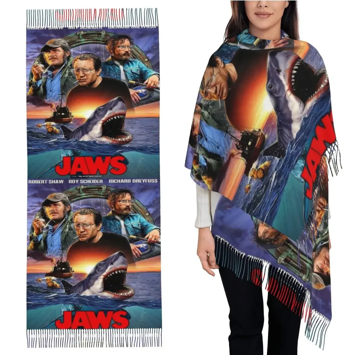 Шарф из фильма ужасов Jaws, шарфы с кисточками для женщин, мягкие теплые шали и накидки, длинная осенне-зимняя шаль
Шарф из фильма ужасов Jaws, шарфы с кисточками для женщин, мягкие теплые шали и накидки, длинная осенне-зимняя шаль