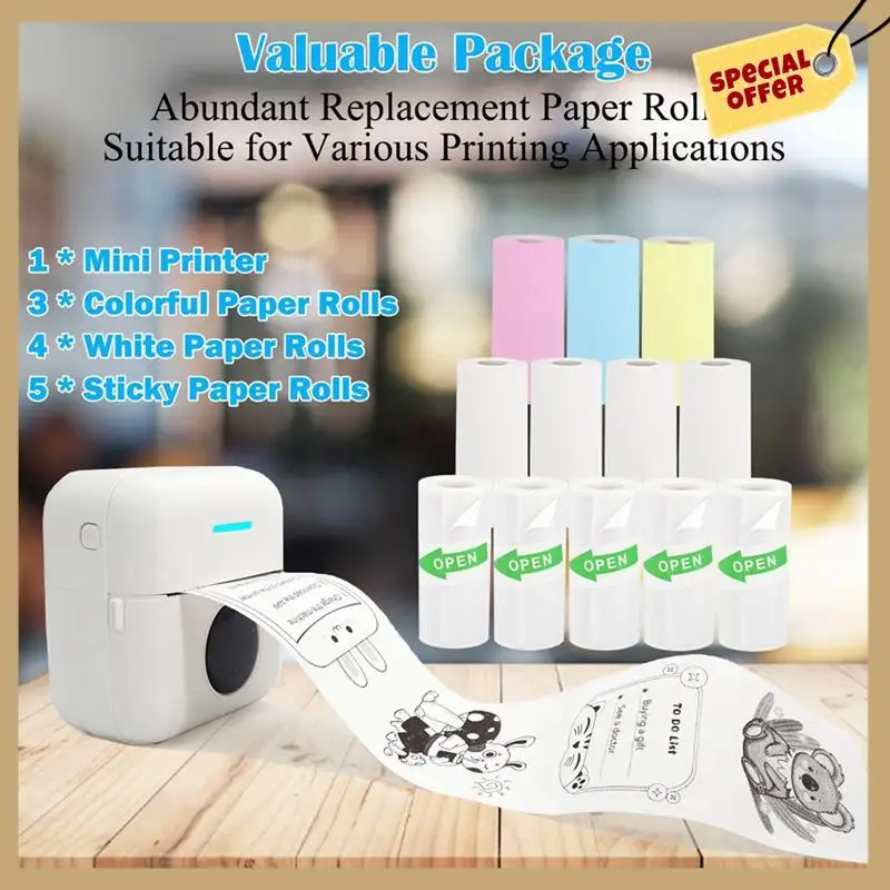 Mini Portable Printer, Inkless Sticker Printer With 12 Rolls Paper, Mini Thermal Printer For Notes/Photos/Stickers,White Durable
Mini Portable Printer, Inkless Sticker Printer With 12 Rolls Paper, Mini Thermal Printer For Notes/Photos/Stickers,White Durable