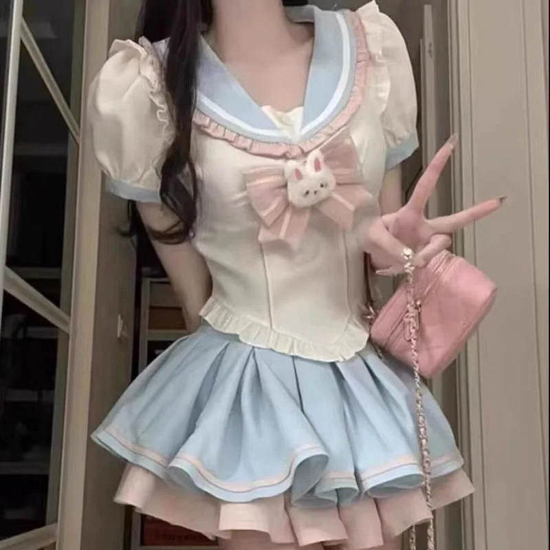 Japan Jk 2 Piece Sets Women Summer Short Sleeve Sweet Bow T Shirt Lady High Waist Ruffles Slim Skirts
Japan Jk 2 Piece Sets Women Summer Short Sleeve Sweet Bow T Shirt Lady High Waist Ruffles Slim Skirts