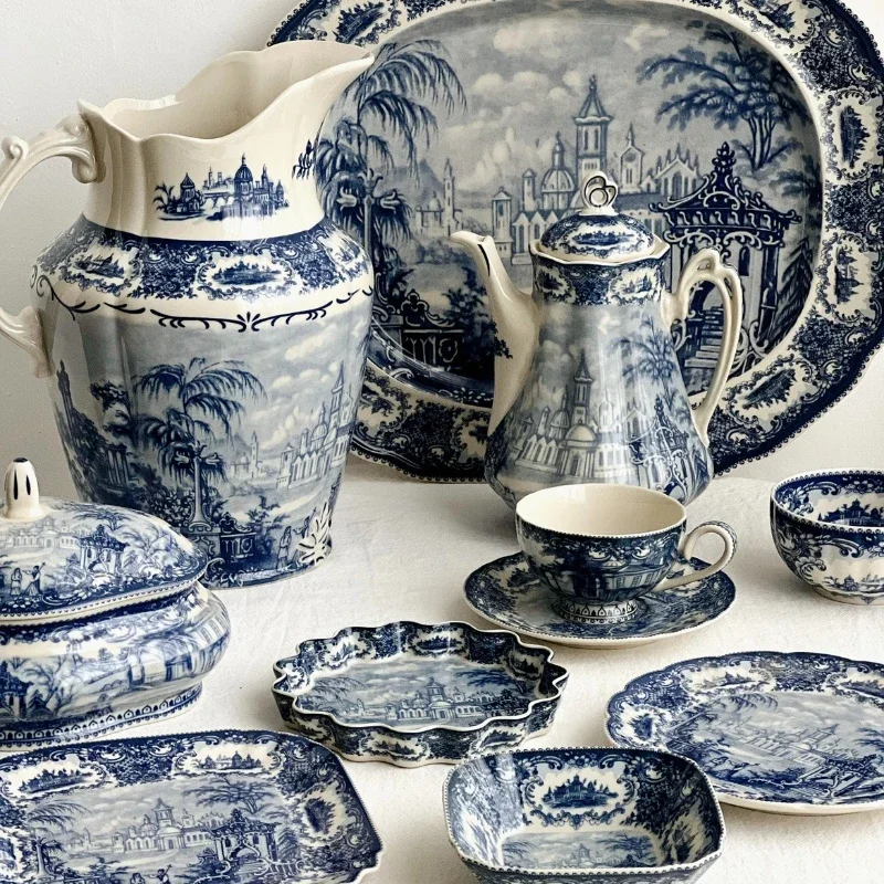 European blue series, rare in-glaze color Blue Castle figure ceramic plate pot, vase
European blue series, rare in-glaze color Blue Castle figure ceramic plate pot, vase