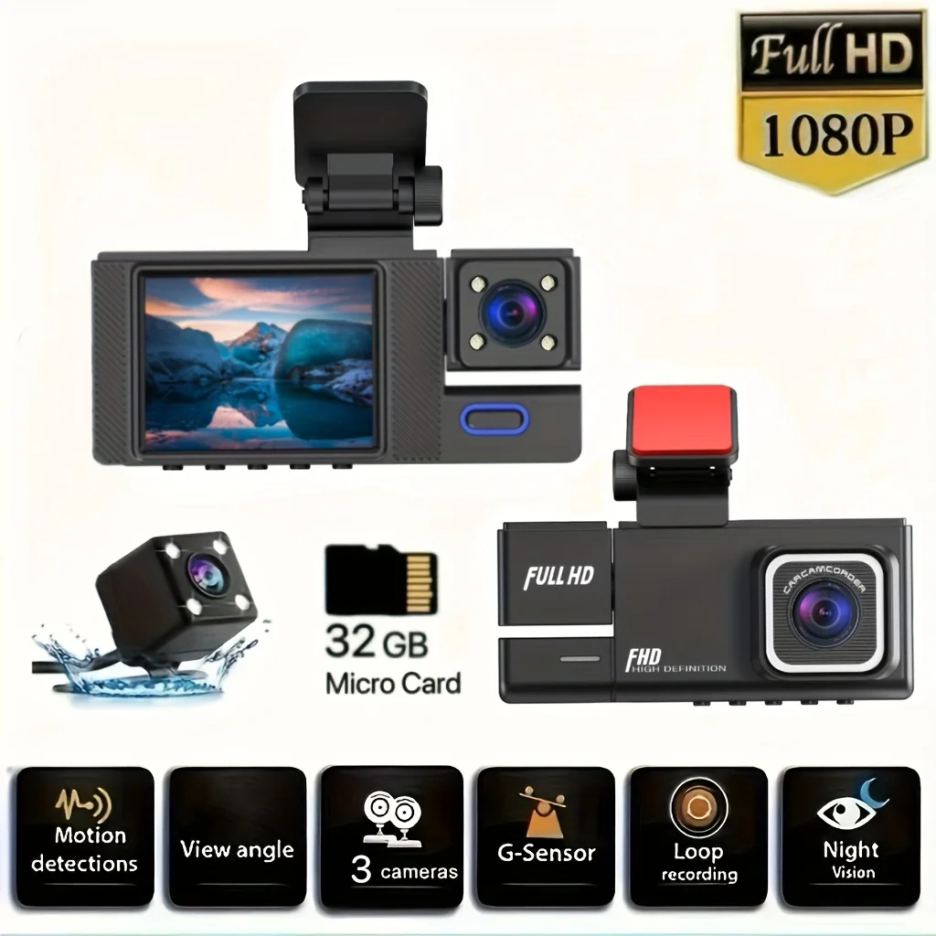 1080P Dash Cam Front And Rear Inside with Free 32GB SD Card, IR Night Vision, Loop Recording Car DVR Camera 3 Lens with 2 Inch IPS Screen 3 Cameras Car Dashcam, car Black Box Recording At Same Time, Wide Angle Dashboard Camera Recorder.
1080P Dash Cam Front And Rear Inside with Free 32GB SD Card, IR Night Vision, Loop Recording Car DVR Camera 3 Lens with 2 Inch IPS Screen 3 Cameras Car Dashcam, car Black Box Recording At Same Time, Wide Angle Dashboard Camera Recorder.