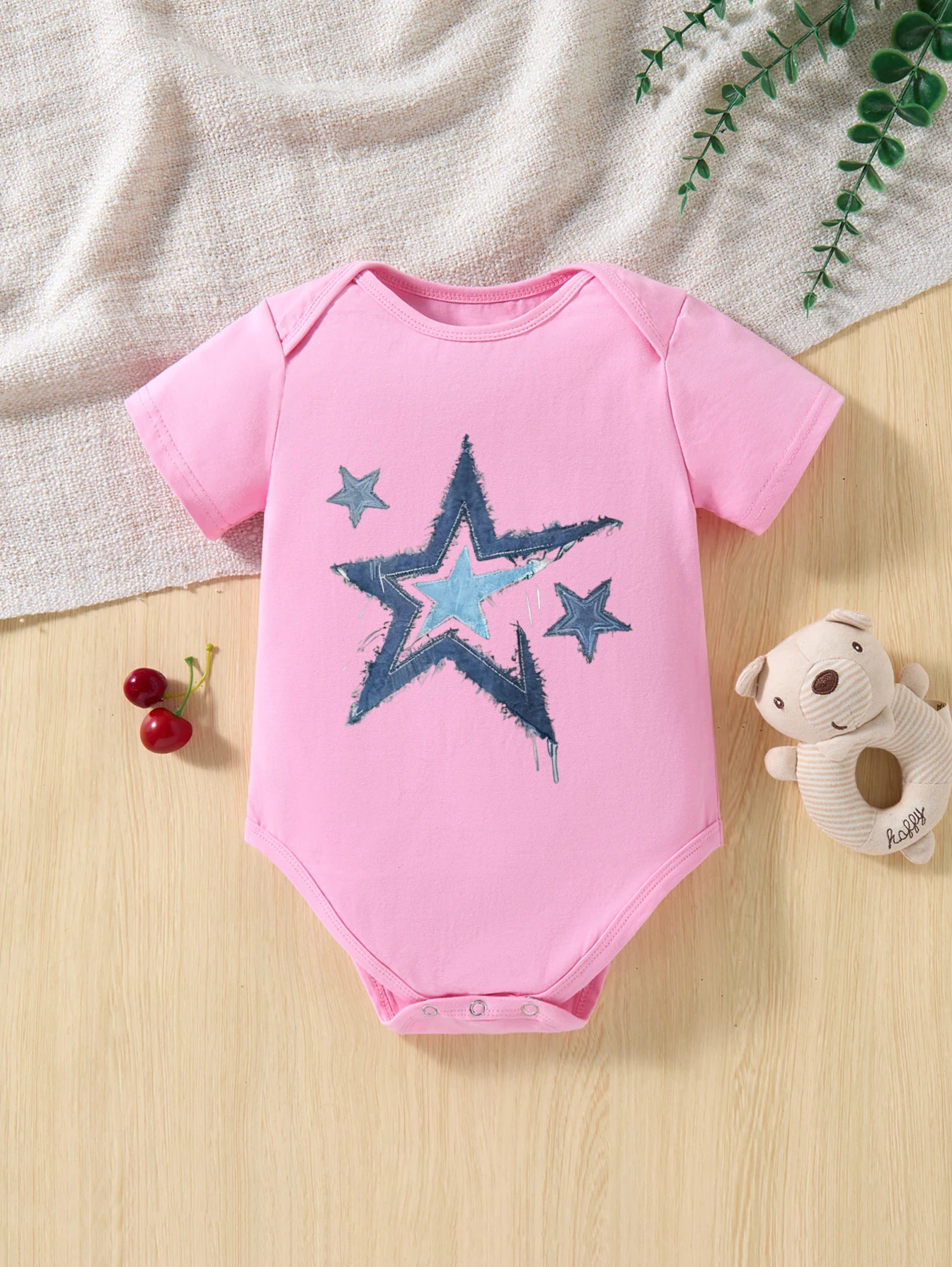 Infant Bodysuit Short Sleeve Denim Stars with Distressed Effect for Baby Boys and Girls Western Fashion Theme
Infant Bodysuit Short Sleeve Denim Stars with Distressed Effect for Baby Boys and Girls Western Fashion Theme
