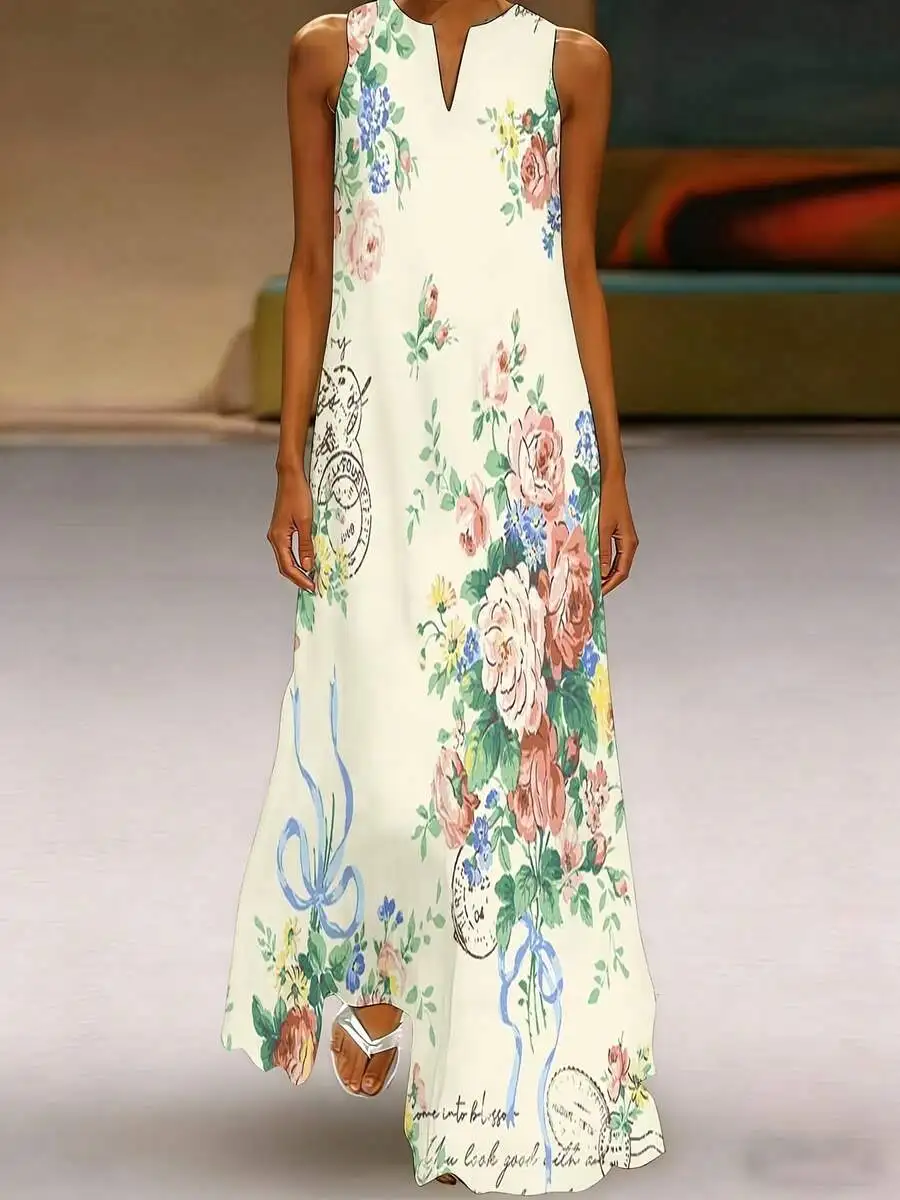 Floral Print Sleeveless V Neck Maxi Dress Women Casual Elegant Vintage Clock Ribbon Design
Floral Print Sleeveless V Neck Maxi Dress Women Casual Elegant Vintage Clock Ribbon Design