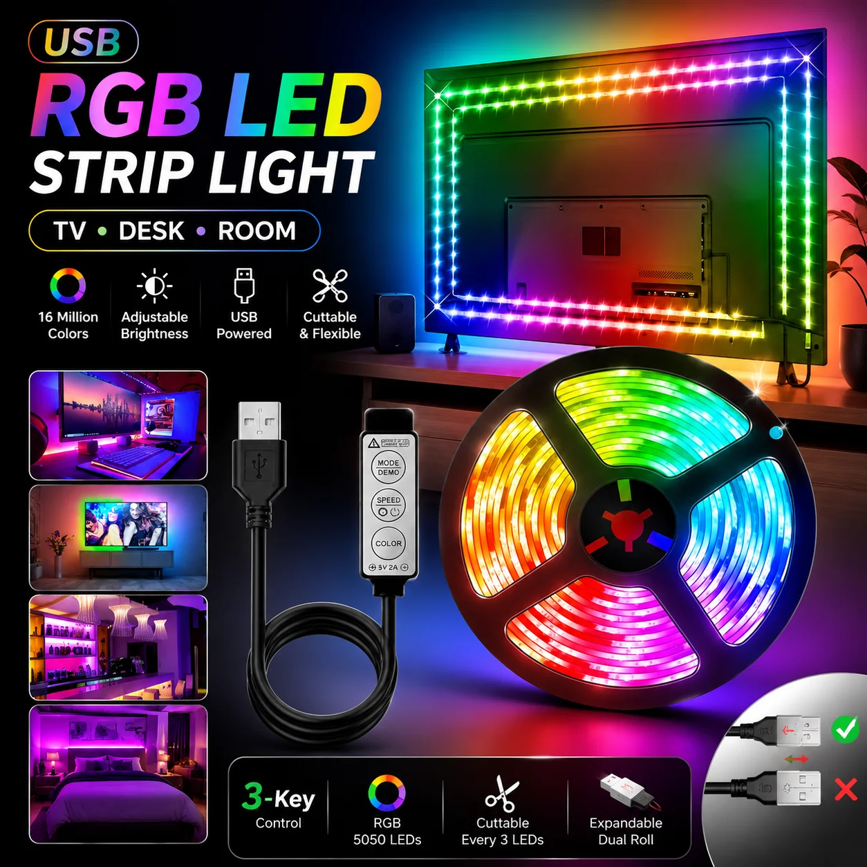 USB RGB LED Strip Light 5050 LED TV Backlight with 3 Key Controller, Color Changing LED Light Strip for Gaming Desk Bedroom Room Decoration, Flexible USB Powered Ambient Lighting for Monitor TV Wall Decor
USB RGB LED Strip Light 5050 LED TV Backlight with 3 Key Controller, Color Changing LED Light Strip for Gaming Desk Bedroom Room Decoration, Flexible USB Powered Ambient Lighting for Monitor TV Wall Decor