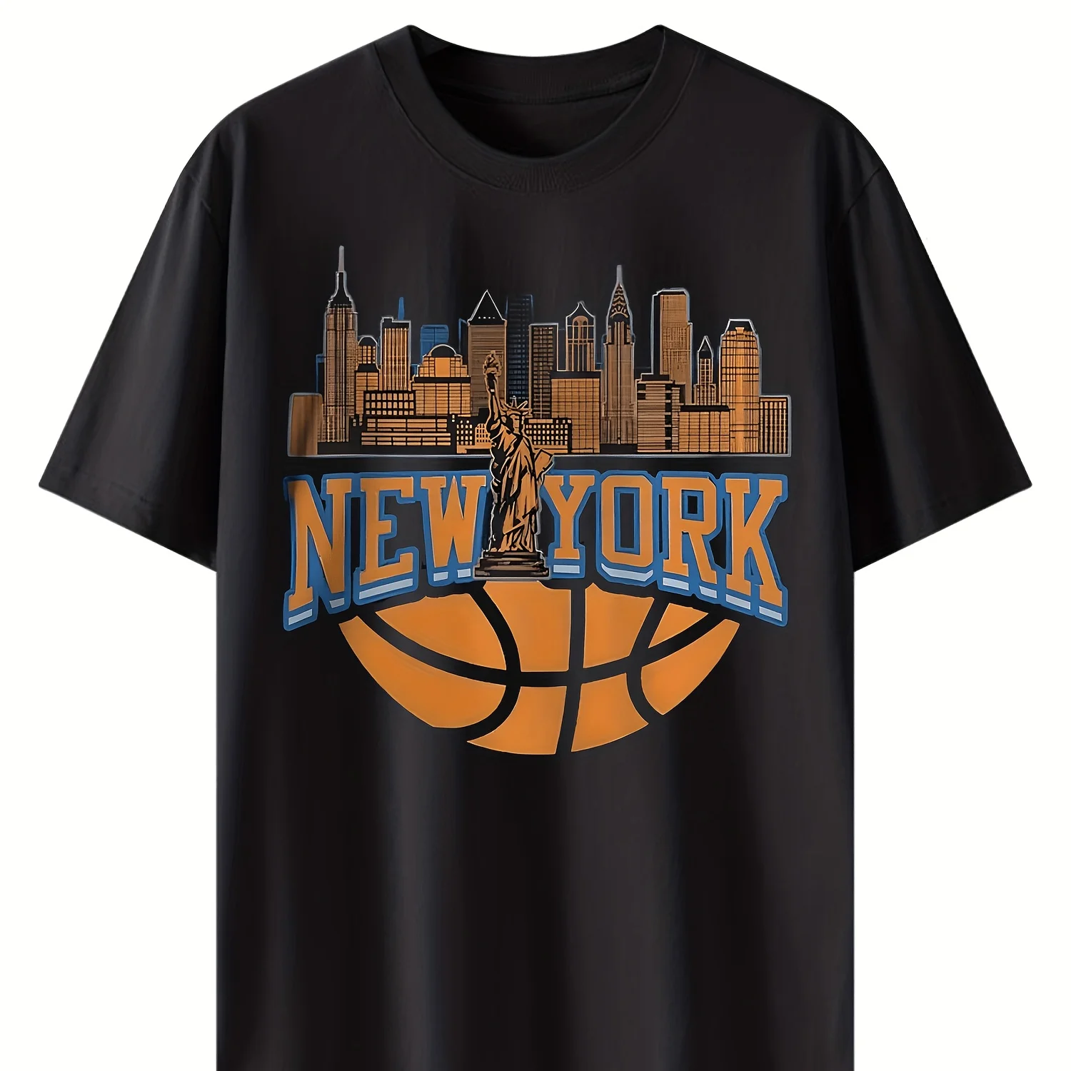 New York City Skyline Graphic T-Shirt - Black Cotton Tee Featuring Statue of Liberty, Bold'New York' Design with Orange and Blue Outline, Basketball Graphic for Sports Enthusiasts - Perfect for Casual Wear
New York City Skyline Graphic T-Shirt - Black Cotton Tee Featuring Statue of Liberty, Bold'New York' Design with Orange and Blue Outline, Basketball Graphic for Sports Enthusiasts - Perfect for Casual Wear