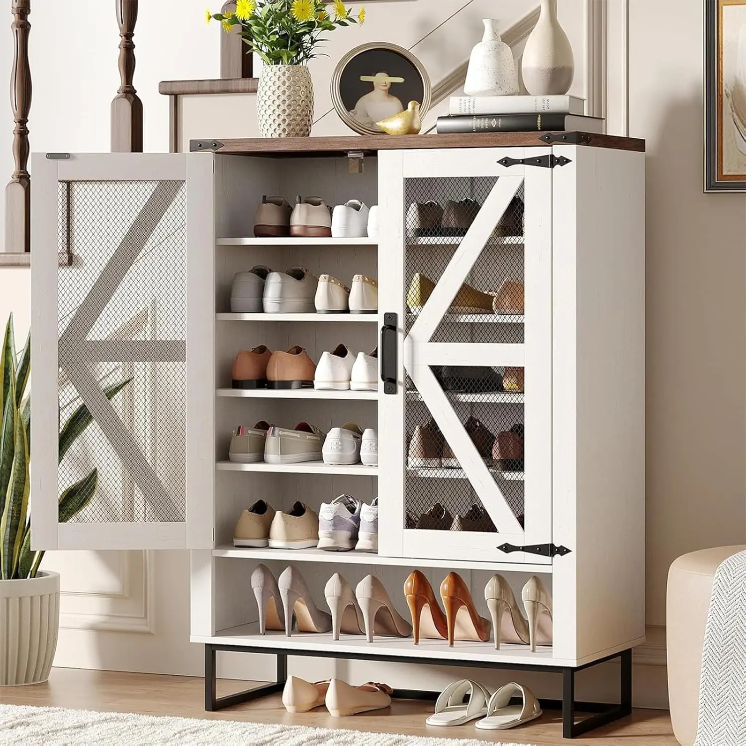 42.1" Farmhouse Shoe Cabinet Mesh Doors 6-Tier Adjustable Shelves Metal Legs Rustic Entryway Hallway White, Customized
42.1" Farmhouse Shoe Cabinet Mesh Doors 6-Tier Adjustable Shelves Metal Legs Rustic Entryway Hallway White, Customized