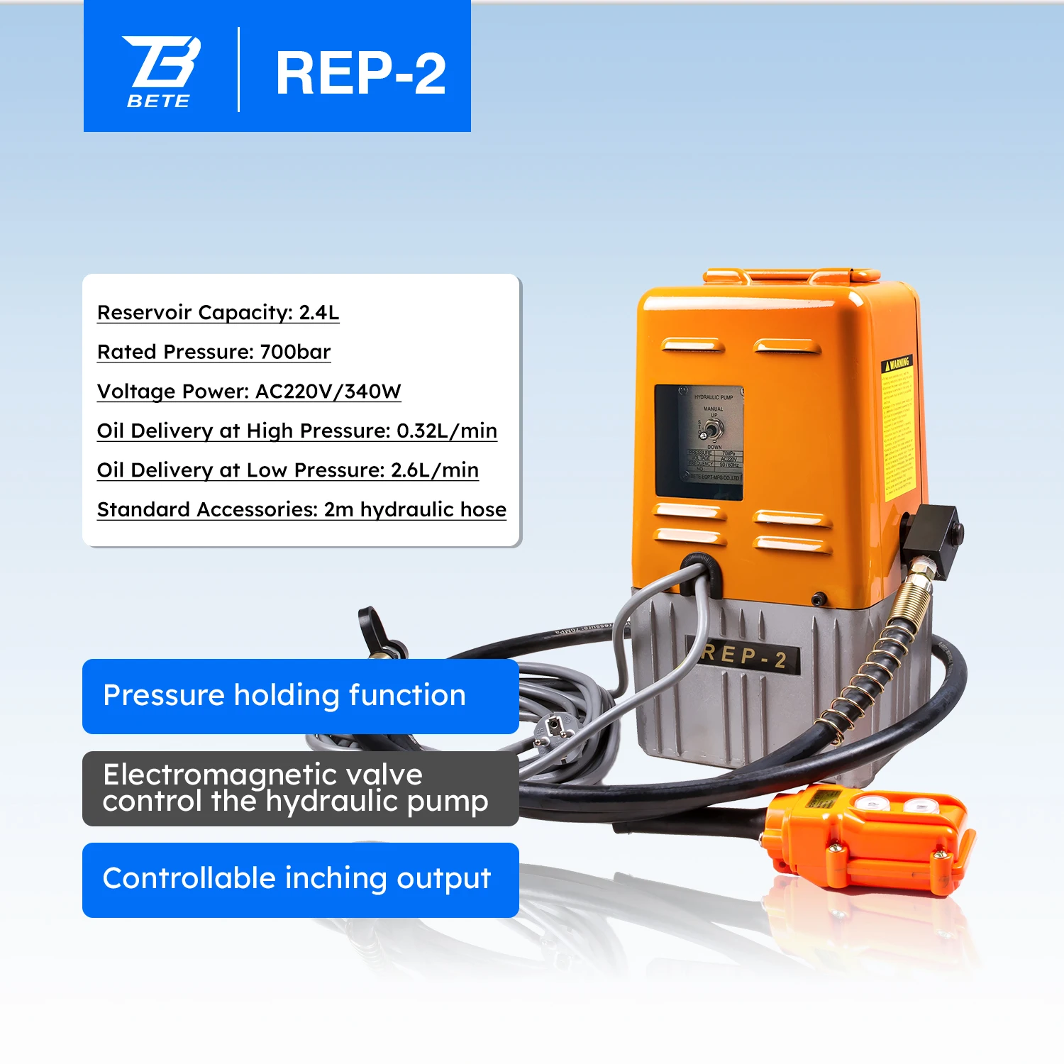 REP-2 Light Weight Portable High Pressure 2.4L AC220V 700Bar Electric Hydraulic Pump
REP-2 Light Weight Portable High Pressure 2.4L AC220V 700Bar Electric Hydraulic Pump